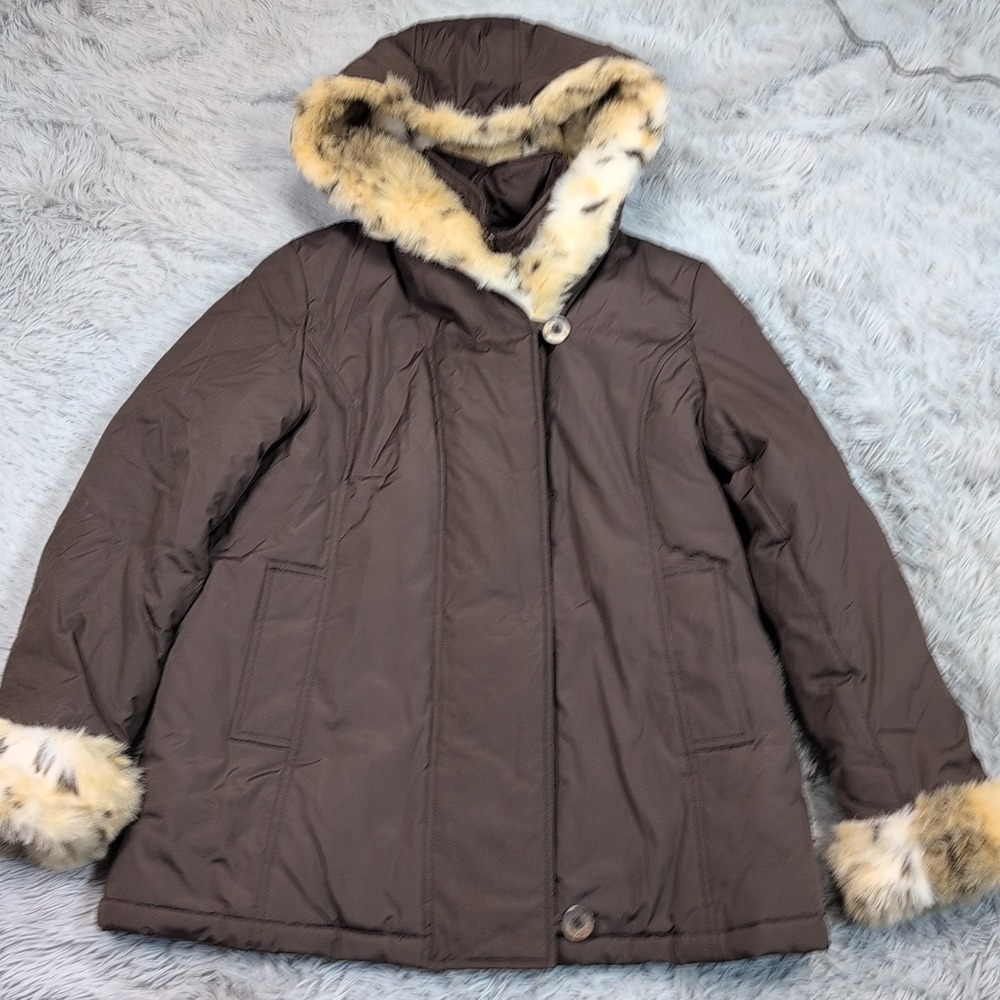 Mackintosh Jacket Womens‎ L Brown Hooded Coat Pockets Faux Fur Trim Comfort Warm